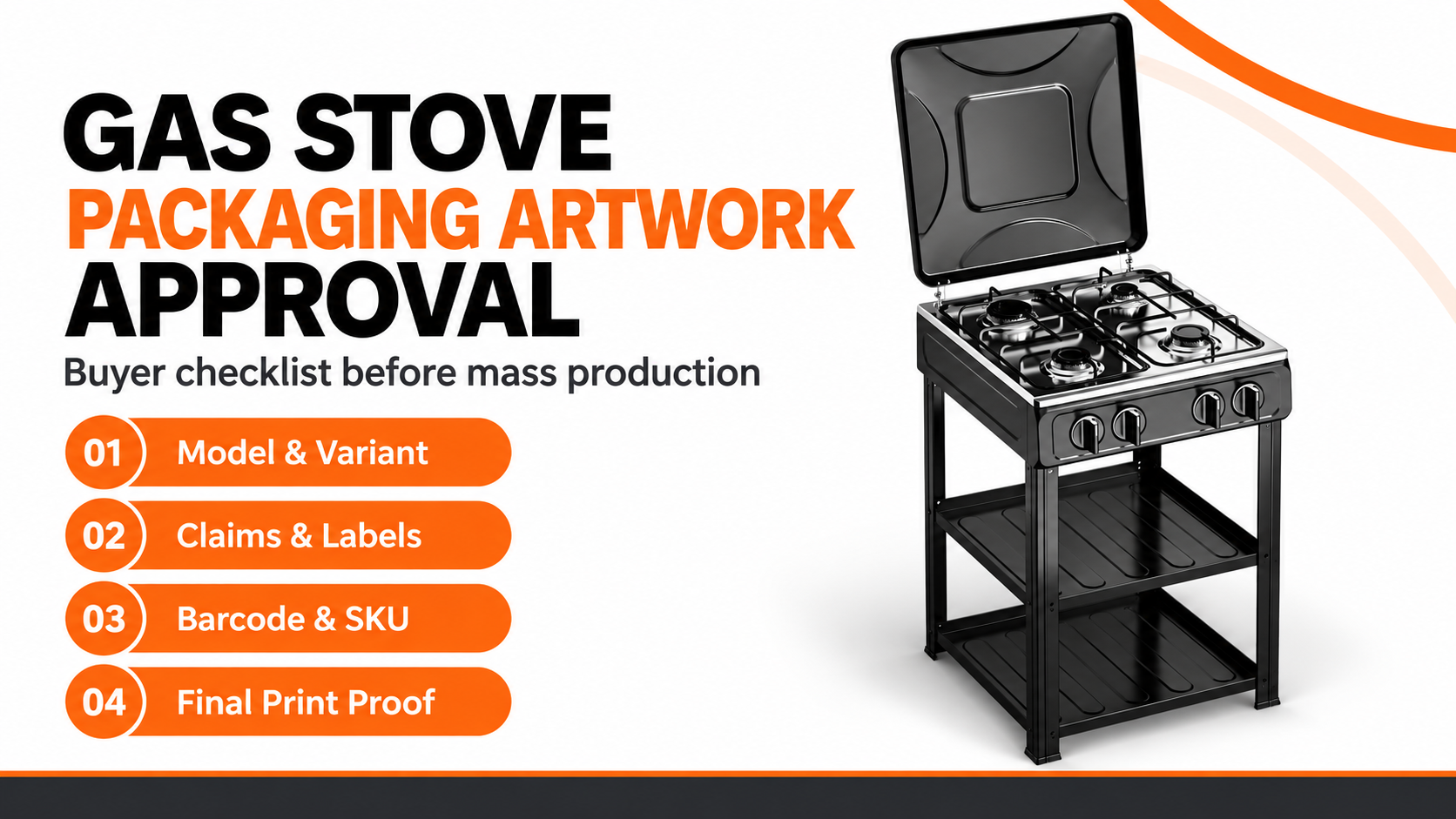Four-burner gas stove with packaging artwork approval checklist for importers