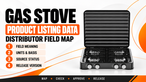 Gas stove product listing data field map with an ECOBRIDGE Model 6004C four-burner stove and four review checks